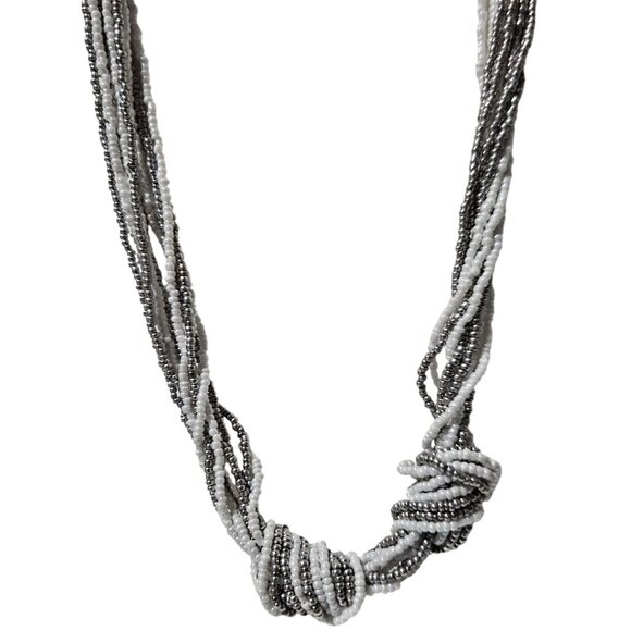 Elegant White Silver Seed Bead Multi Strand Knotted Necklace Fashion Jewelry - Picture 1 of 6
